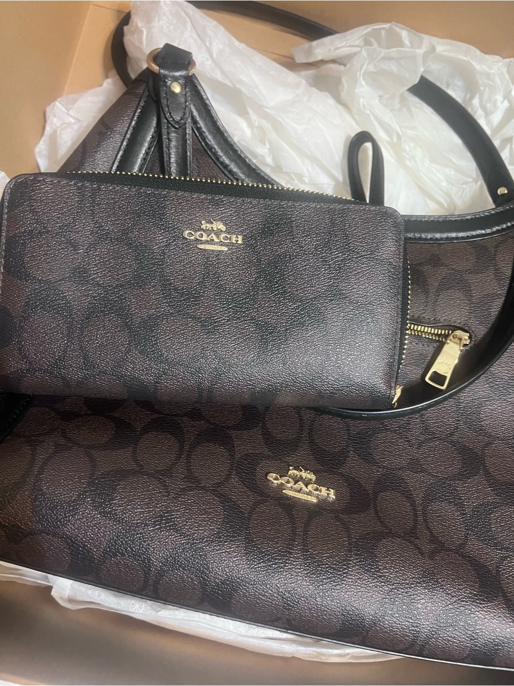 SOLD Coach Brown Signature Canvas Tote with Matching Wristlet